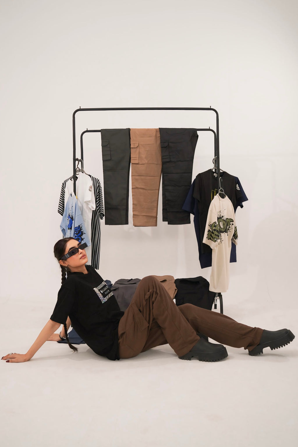 Unisex baggy trousers styled with graphic t-shirt