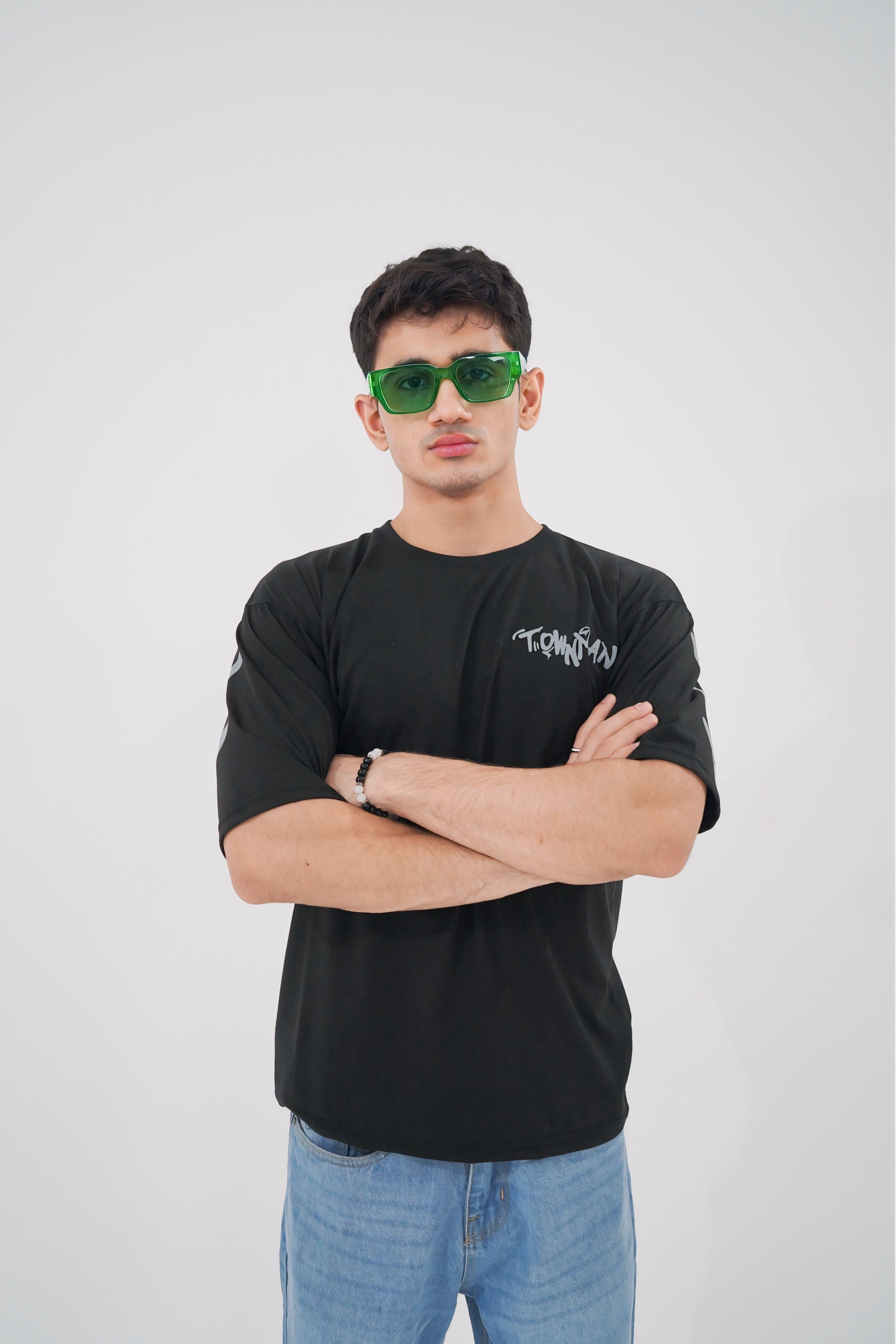 Streetwear look featuring beige oversized drop shoulder t-shirt